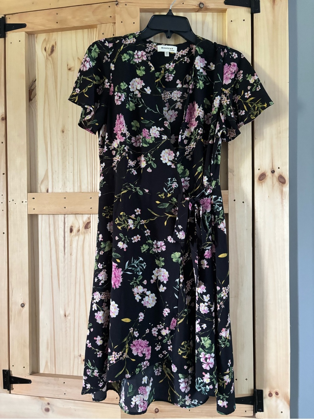 Monteau Black Floral Wrap Midi Dress with Pink & Green Botanicals